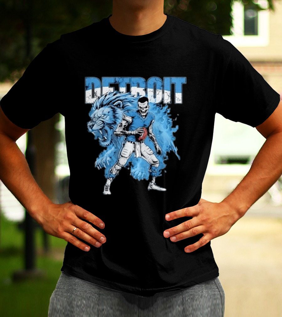 Detroit Lions Zombie Quarterback With Football And Fierce Lion T-Shirt