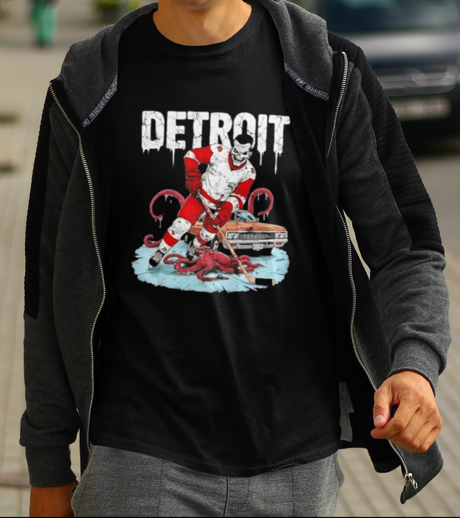 Detroit Red Wings Skull Hockey Player Tentacles Car T-Shirt