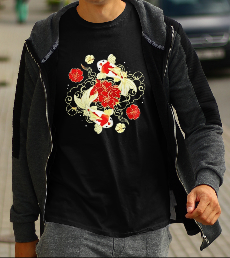 Koi Fish With Red And White Japanese Flowers T-Shirt