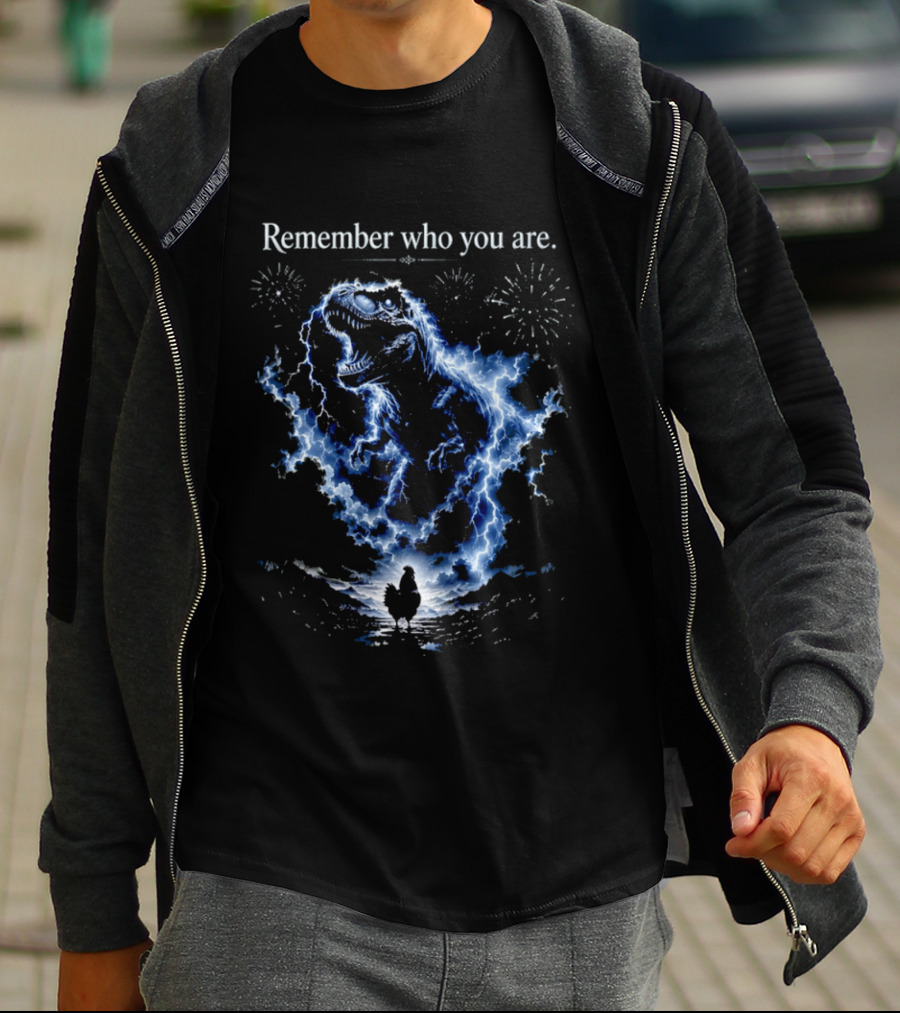 T Rex Chicken Evolution Remember Who You Are Lightning Fireworks T-Shirt