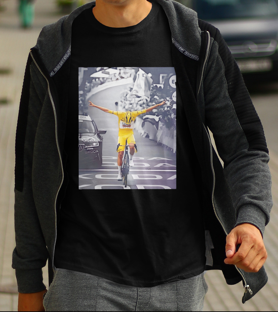 Tadej Pogacar Victory Moment Tour De France Skoda UCL Cyclist In Yellow Jersey T-Shirt