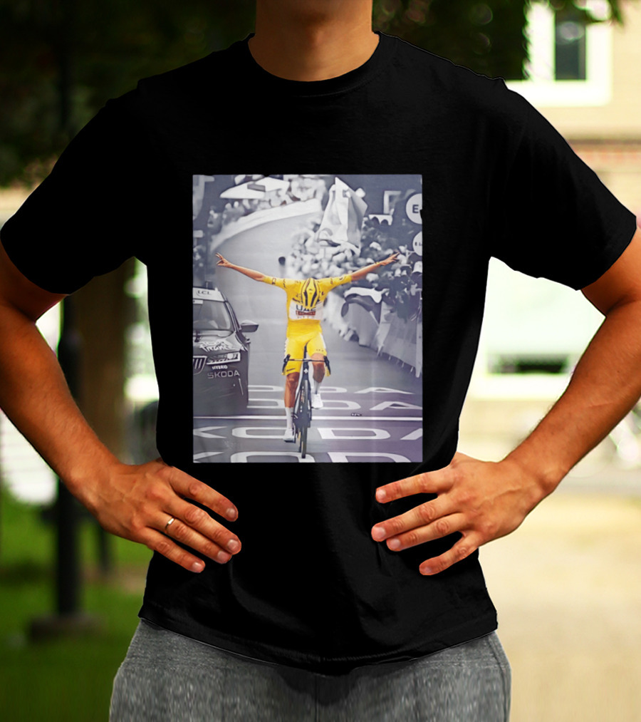 Tadej Pogacar Victory Moment Tour De France Skoda UCL Cyclist In Yellow Jersey T-Shirt