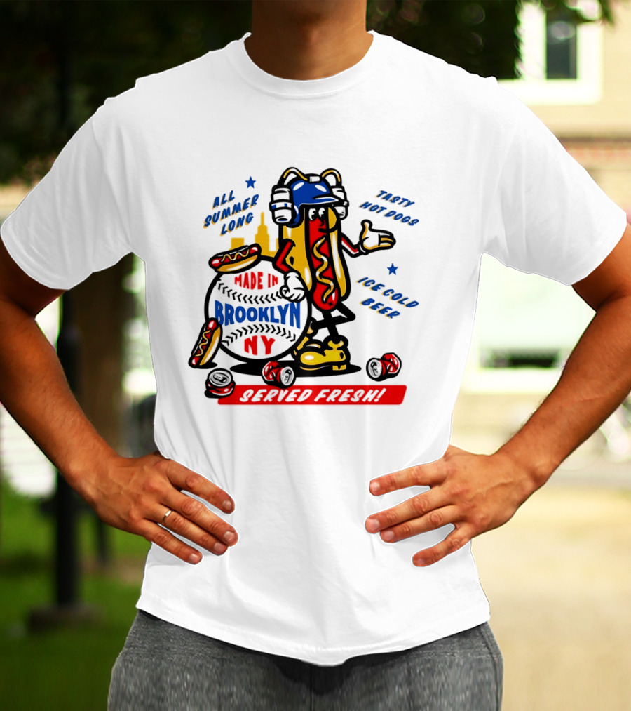 Made In Brooklyn NY Hot Dog With Ketchup All Summer Long Play Ball T-Shirt
