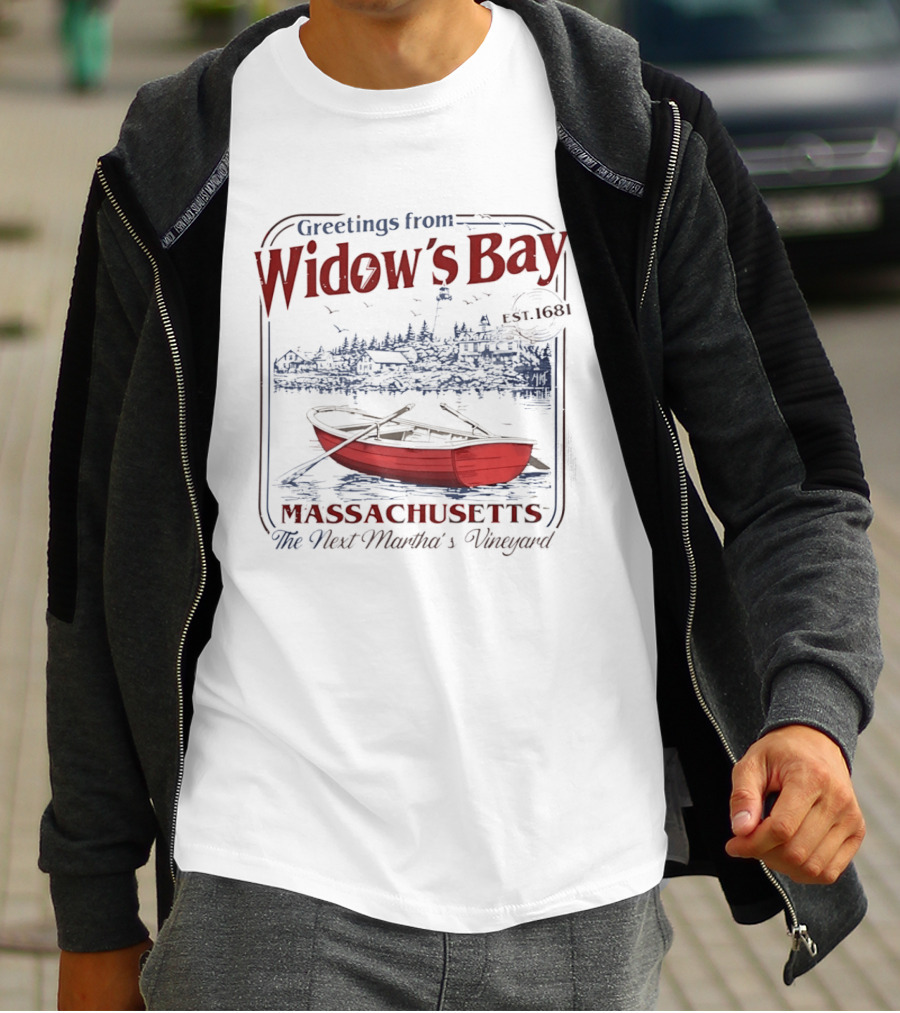 Greetings From Widow's Bay Massachusetts Est 1681 Martha's Vineyard Boat And Lighthouse T-Shirt