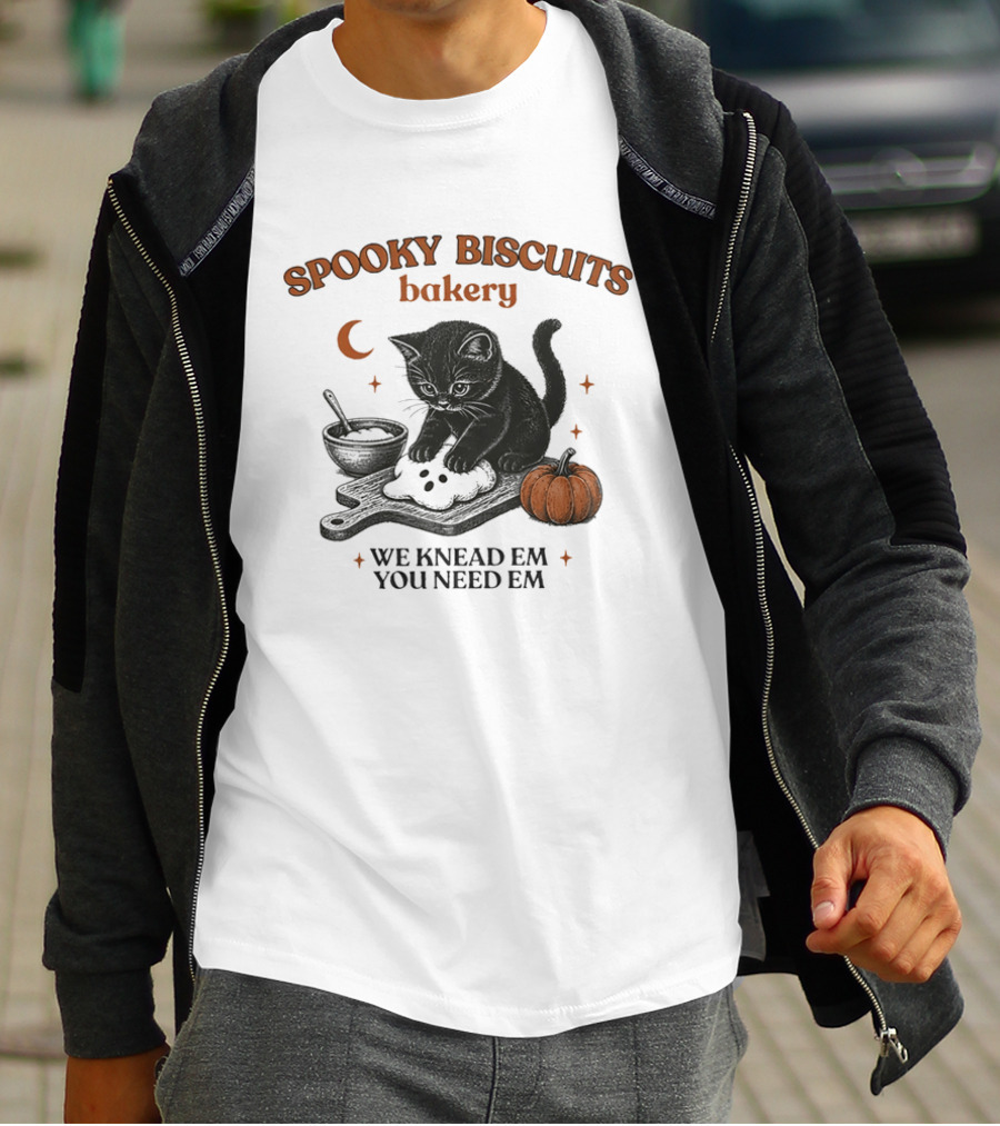 Spooky Biscuits Bakery We Knead Em You Need Em Cat Pumpkin Moon T-Shirt