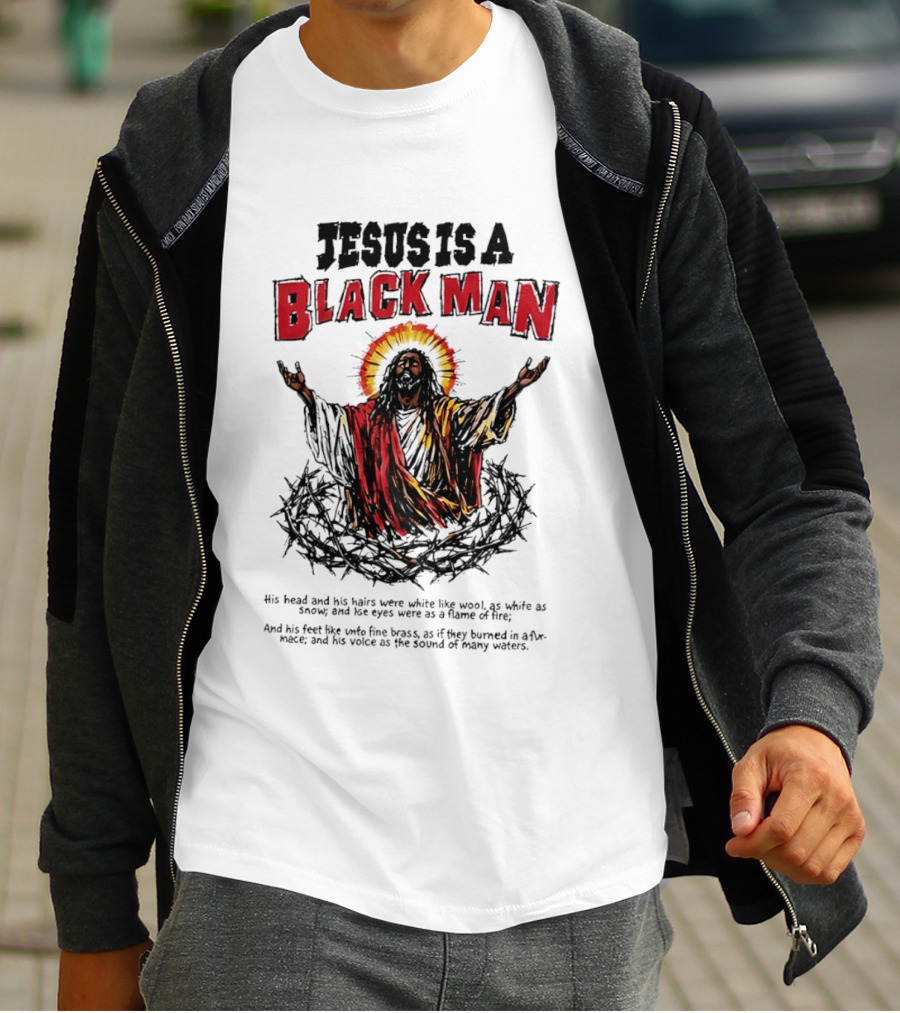 Jesus Is A Black Man Head And Hairs White Wool Snow Eyes Flame Fire T-Shirt