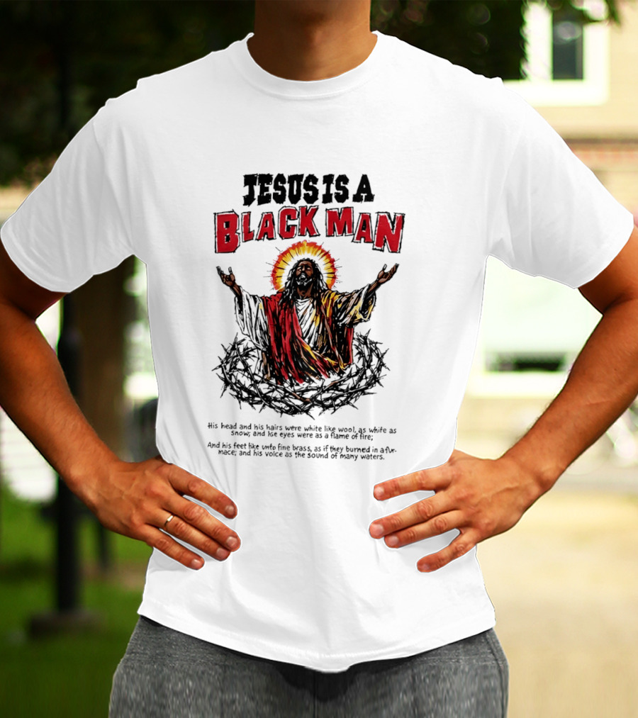 Jesus Is A Black Man Head And Hairs White Wool Snow Eyes Flame Fire T-Shirt