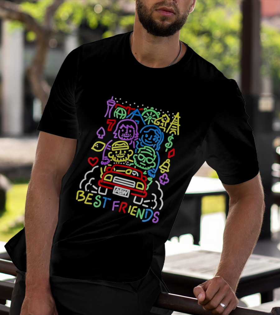 Best Friends AEW Neon Road Trip With Casino Icons And Landmarks T-Shirt