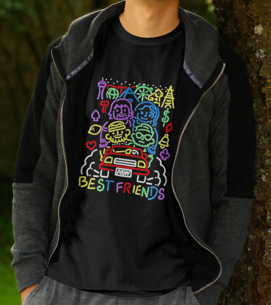Best Friends AEW Neon Road Trip With Casino Icons And Landmarks T-Shirt