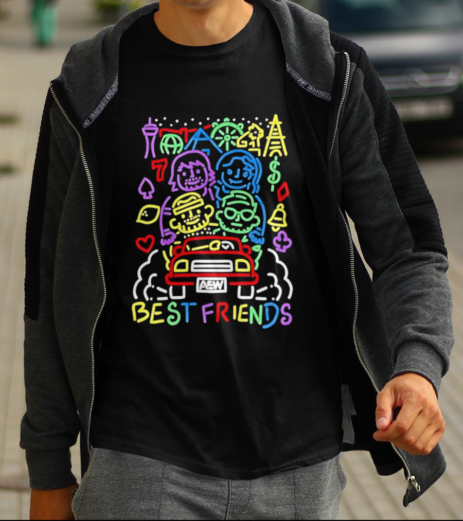 Best Friends AEW Neon Road Trip With Casino Icons And Landmarks T-Shirt