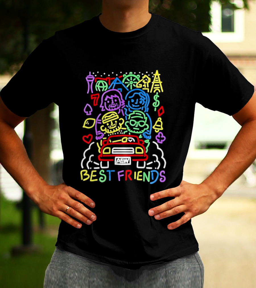 Best Friends AEW Neon Road Trip With Casino Icons And Landmarks T-Shirt