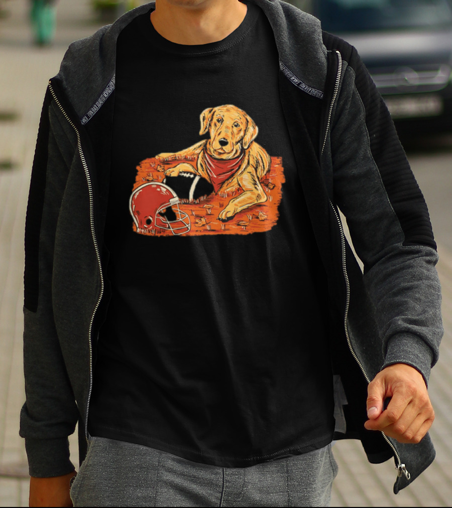 Labrador Retriever Fall Football Scene With Maroon Helmet T-Shirt