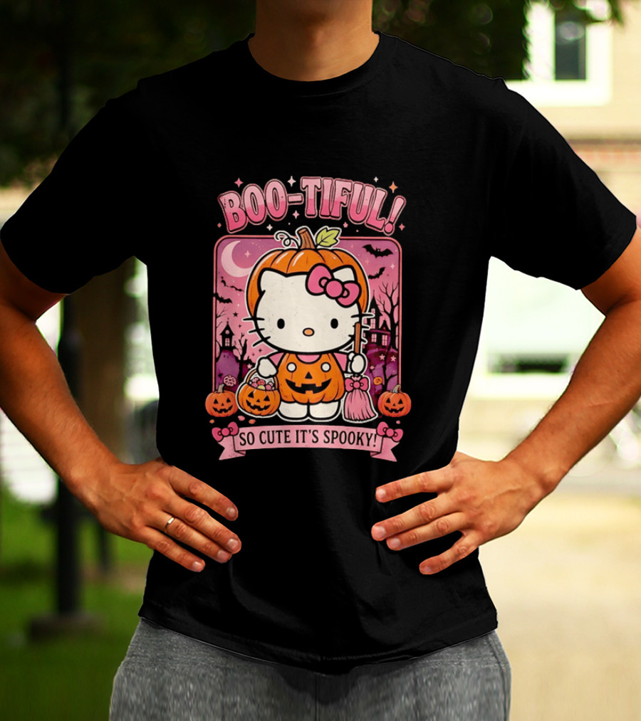 Boo Tiful Hello Kitty So Cute It's Spooky Halloween Pumpkin T-Shirt