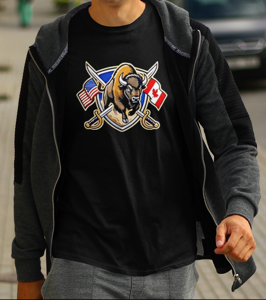 Buffalo Bison US Canada Flags North American Crossed Sabers T-Shirt