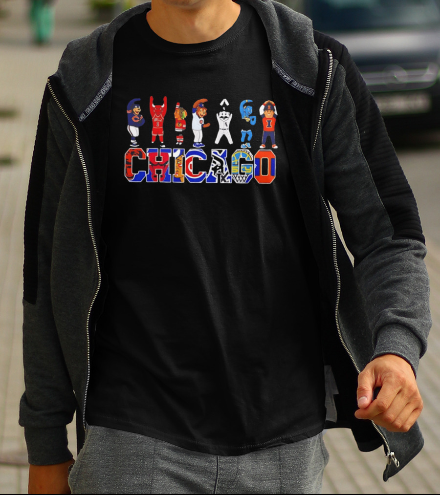 Chicago Bears Bulls Blackhawks Cubs White Sox Mascots Basketball Logos T-Shirt