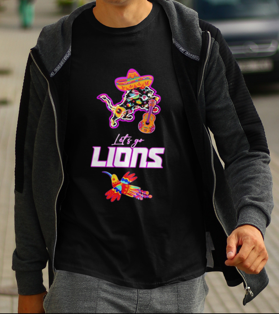 Let's Go Lions Hispanic Heritage Fiesta Mexican Folk Sombrero And Guitar T-Shirt