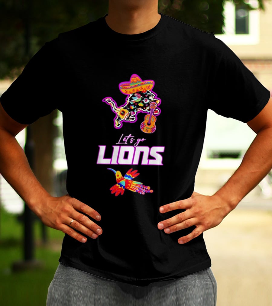 Let's Go Lions Hispanic Heritage Fiesta Mexican Folk Sombrero And Guitar T-Shirt