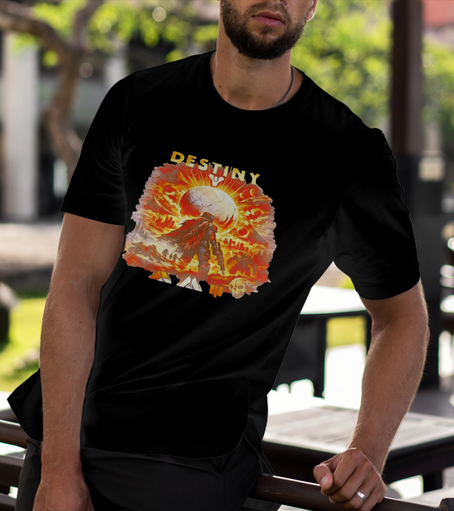 Destiny 3 Guardian Fireteam Solar Battle Scene With Traveler Sky Planet And Skull T-Shirt