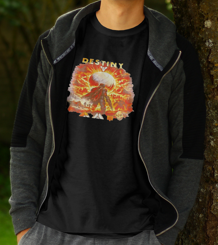 Destiny 3 Guardian Fireteam Solar Battle Scene With Traveler Sky Planet And Skull T-Shirt