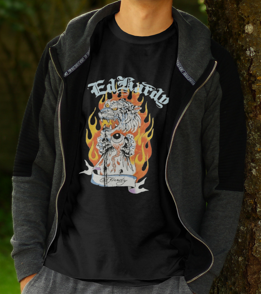 Ed Hardy Flaming Tiger Eyeball Flame Tattoo T-Shirt