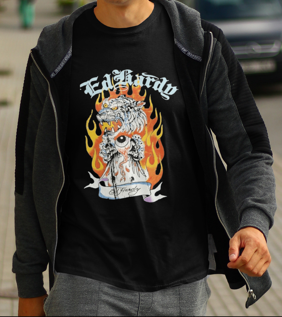 Ed Hardy Flaming Tiger Eyeball Flame Tattoo T-Shirt