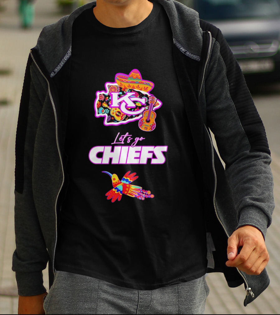 Kansas City Chiefs Let's Go Chiefs Fiesta Hispanic Heritage Mexican Folk KC Sombrero Guitar Hummingbird T-Shirt
