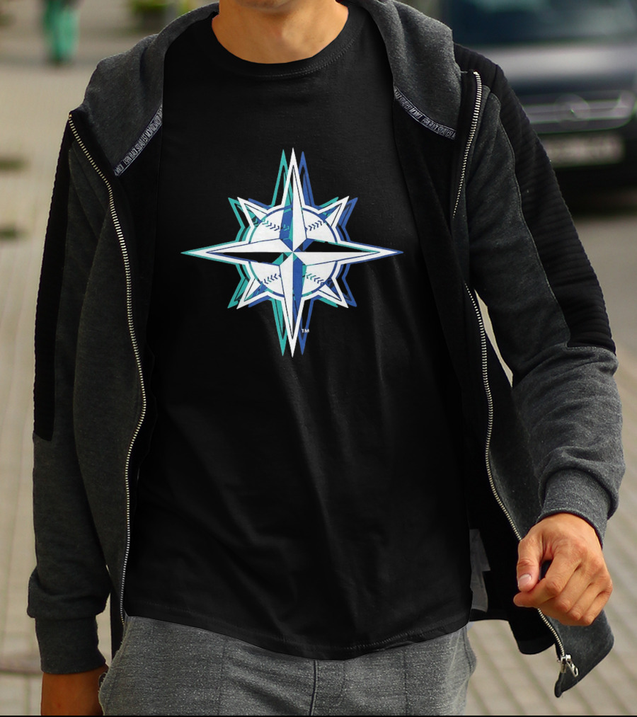 Seattle Mariners MLB 2026 Glitch Star With Baseball Seam Compass T-Shirt