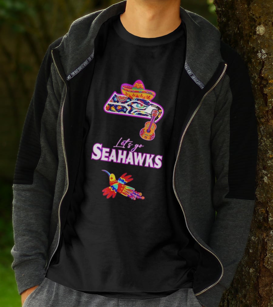 Seattle Seahawks Let's Go Mexican Fiesta Hispanic Heritage Vibrant Sombrero And Guitar T-Shirt