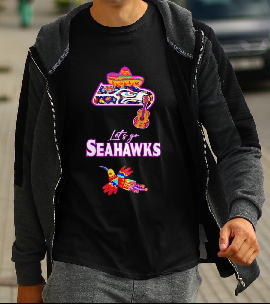 Seattle Seahawks Let's Go Mexican Fiesta Hispanic Heritage Vibrant Sombrero And Guitar T-Shirt