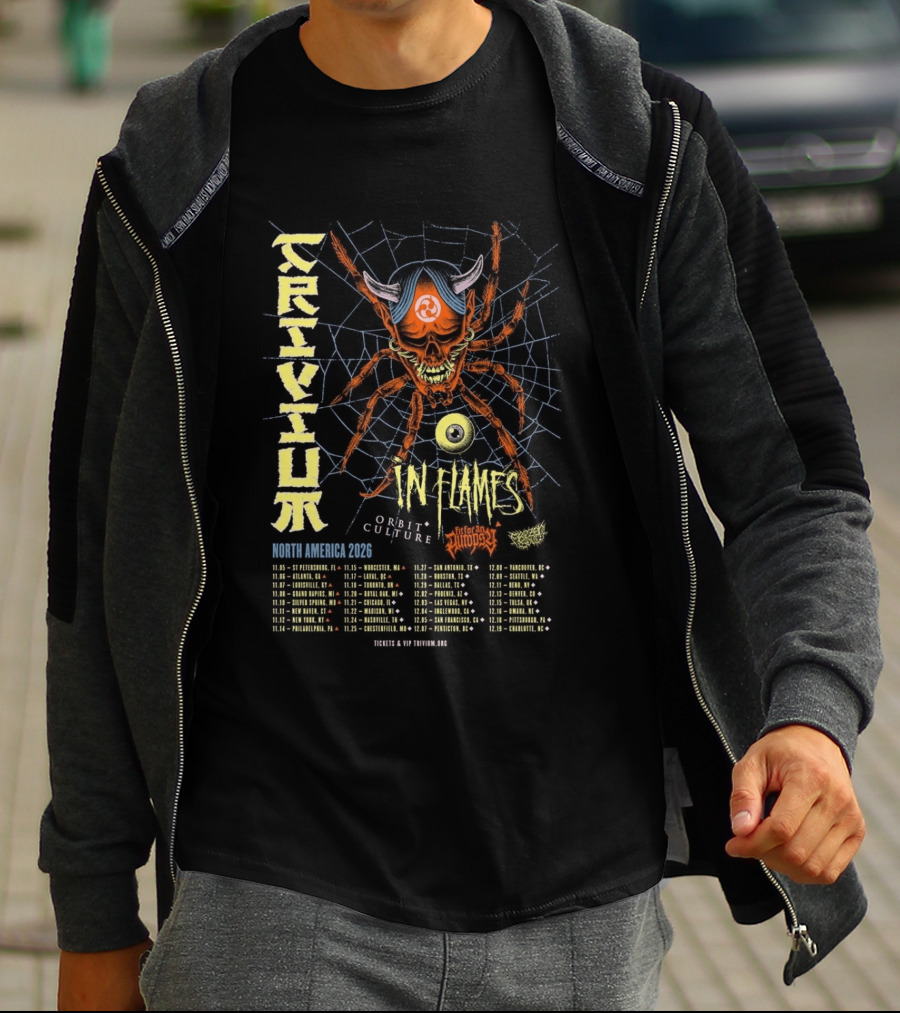 Trivium In Flames Orbit Culture North America 2026 Tour Dates And Cities With Spider T-Shirt
