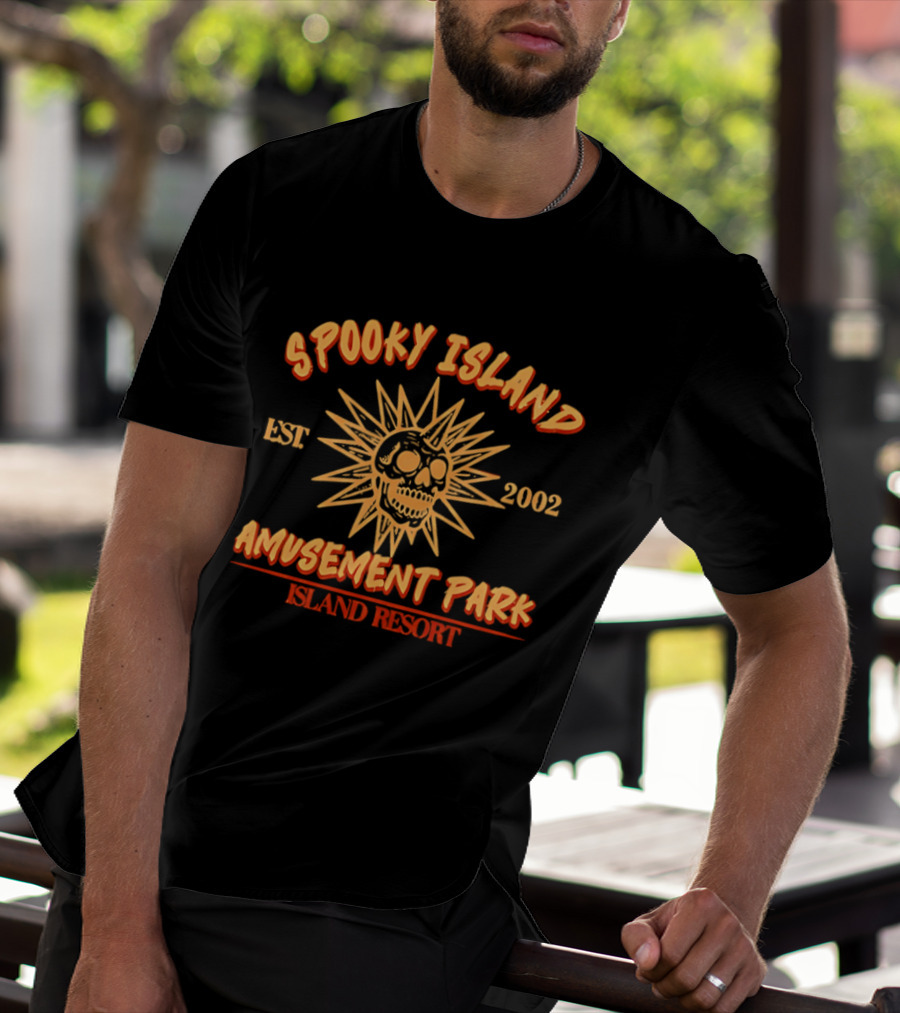 Spooky Island Amusement Park Est 2002 Island Resort Skull Sunburst T-Shirt