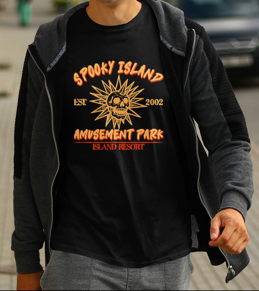 Spooky Island Amusement Park Est 2002 Island Resort Skull Sunburst T-Shirt