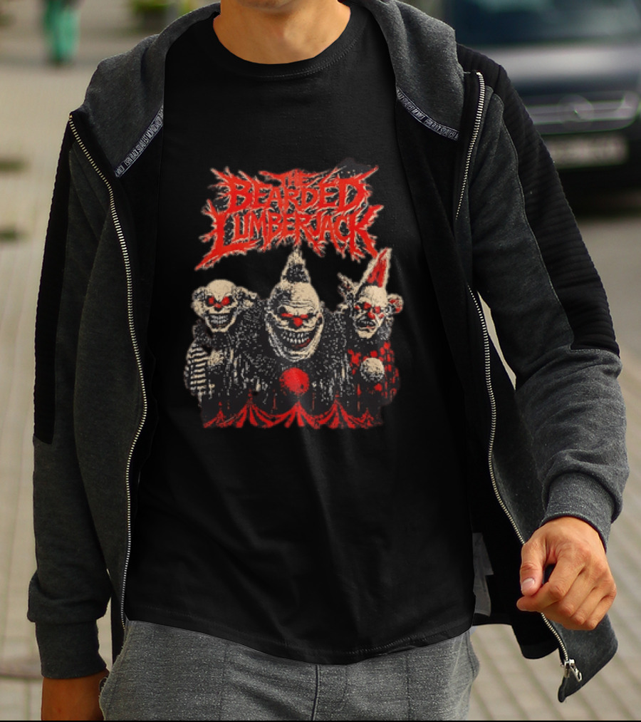 The Bearded Lumberjack Three Killer Clowns Horror Grinning Faces T-Shirt