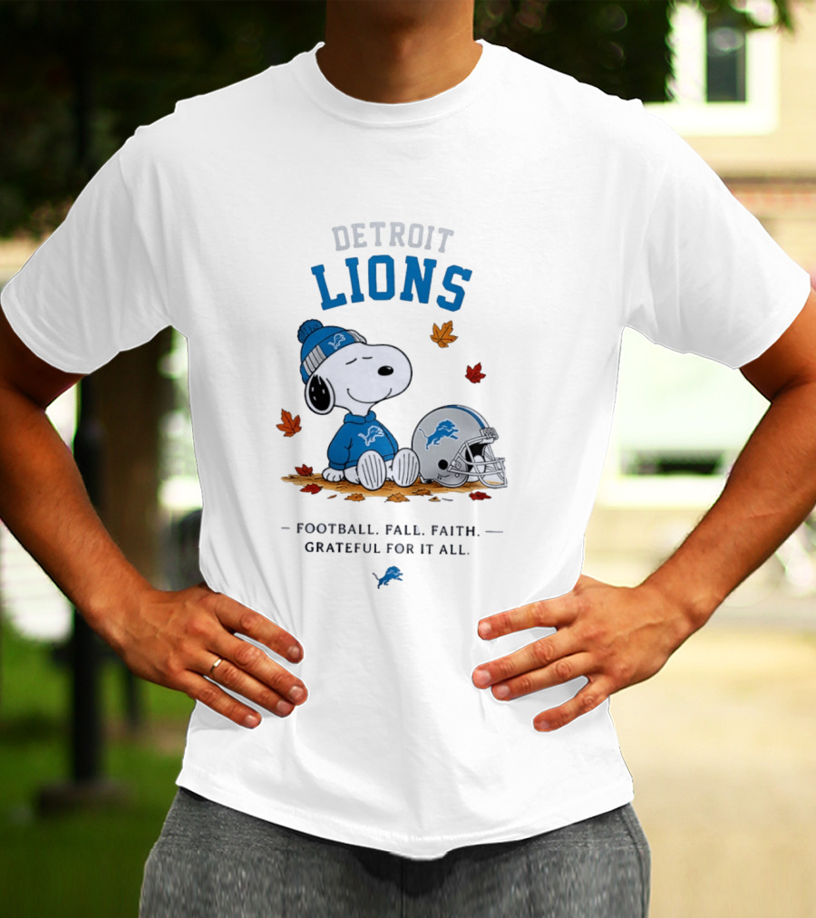 Detroit Lions Snoopy Football Fall Faith Grateful For It All Leaves Helmet T-Shirt