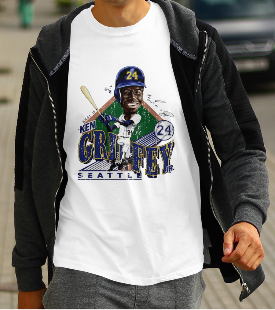 Ken Griffey Jr. Seattle Mariners 24 Baseball Batting Illustration Bruce Stark Collection T-Shirt