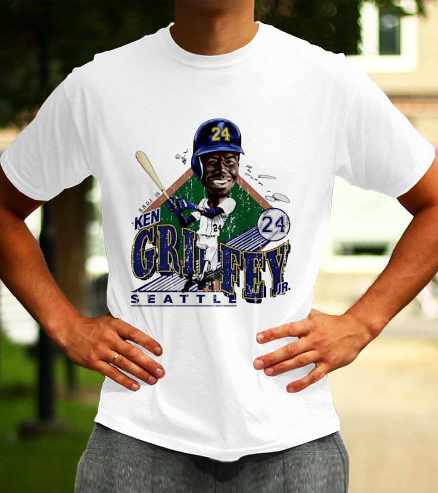 Ken Griffey Jr. Seattle Mariners 24 Baseball Batting Illustration Bruce Stark Collection T-Shirt