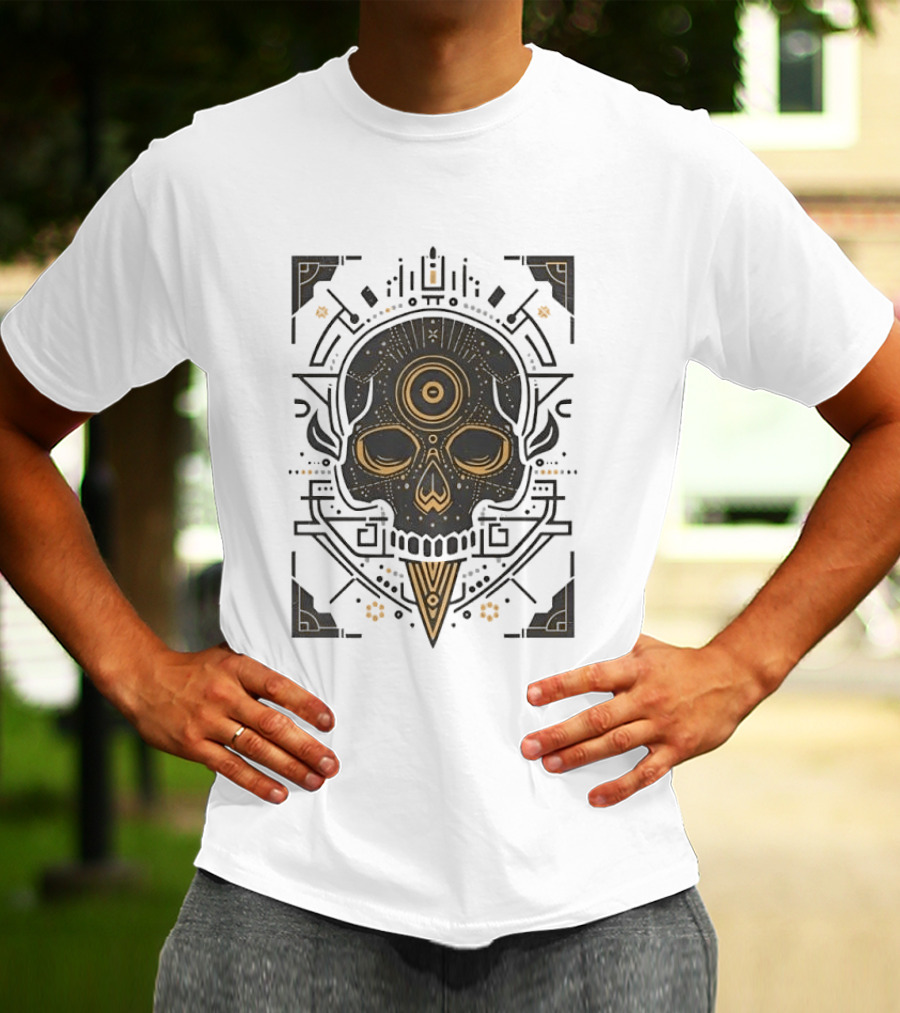 Sacred Geometry Skull Minimalist Golden Ornamental T-Shirt