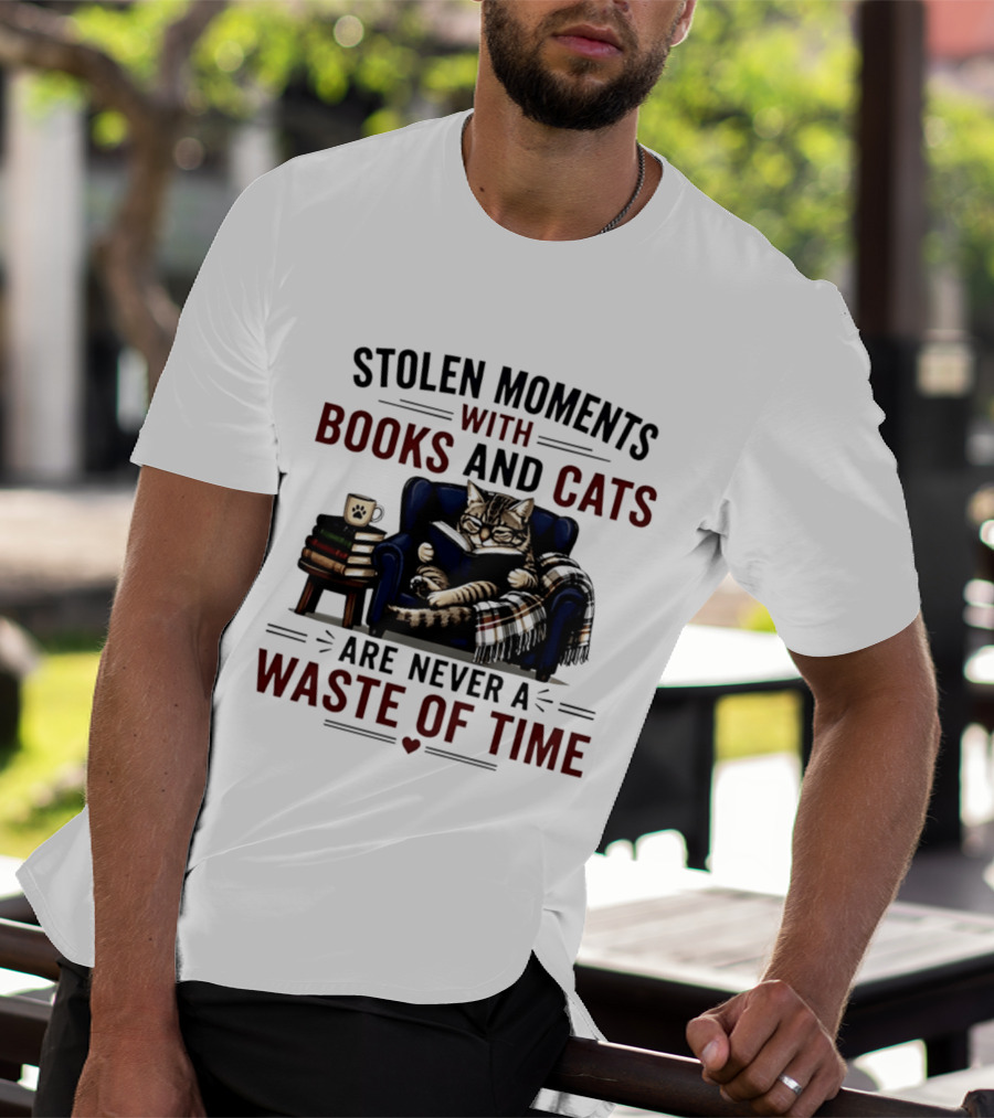 Stolen Moments With Books And Cats Are Never A Waste Of Time Cozy Reading Vibes T-Shirt