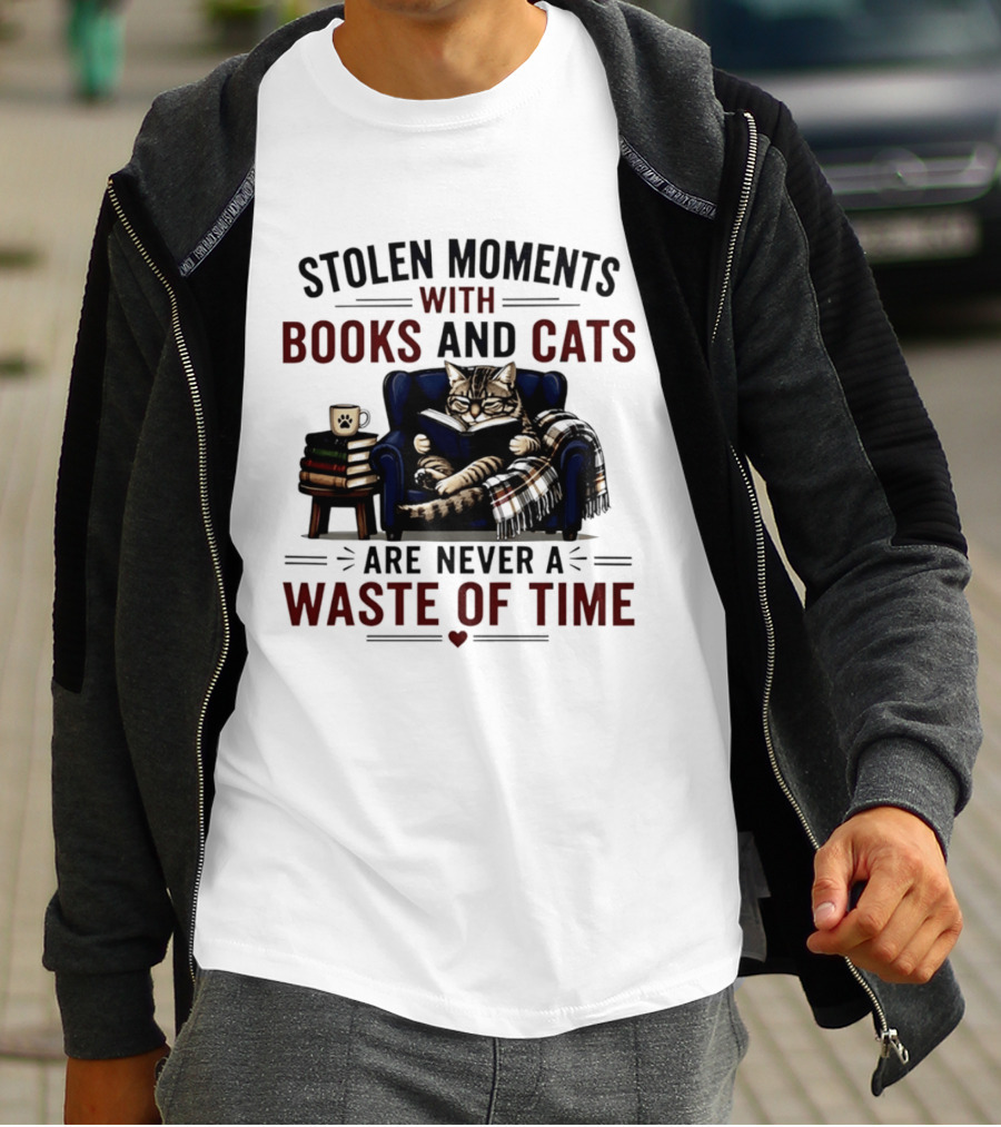 Stolen Moments With Books And Cats Are Never A Waste Of Time Cozy Reading Vibes T-Shirt
