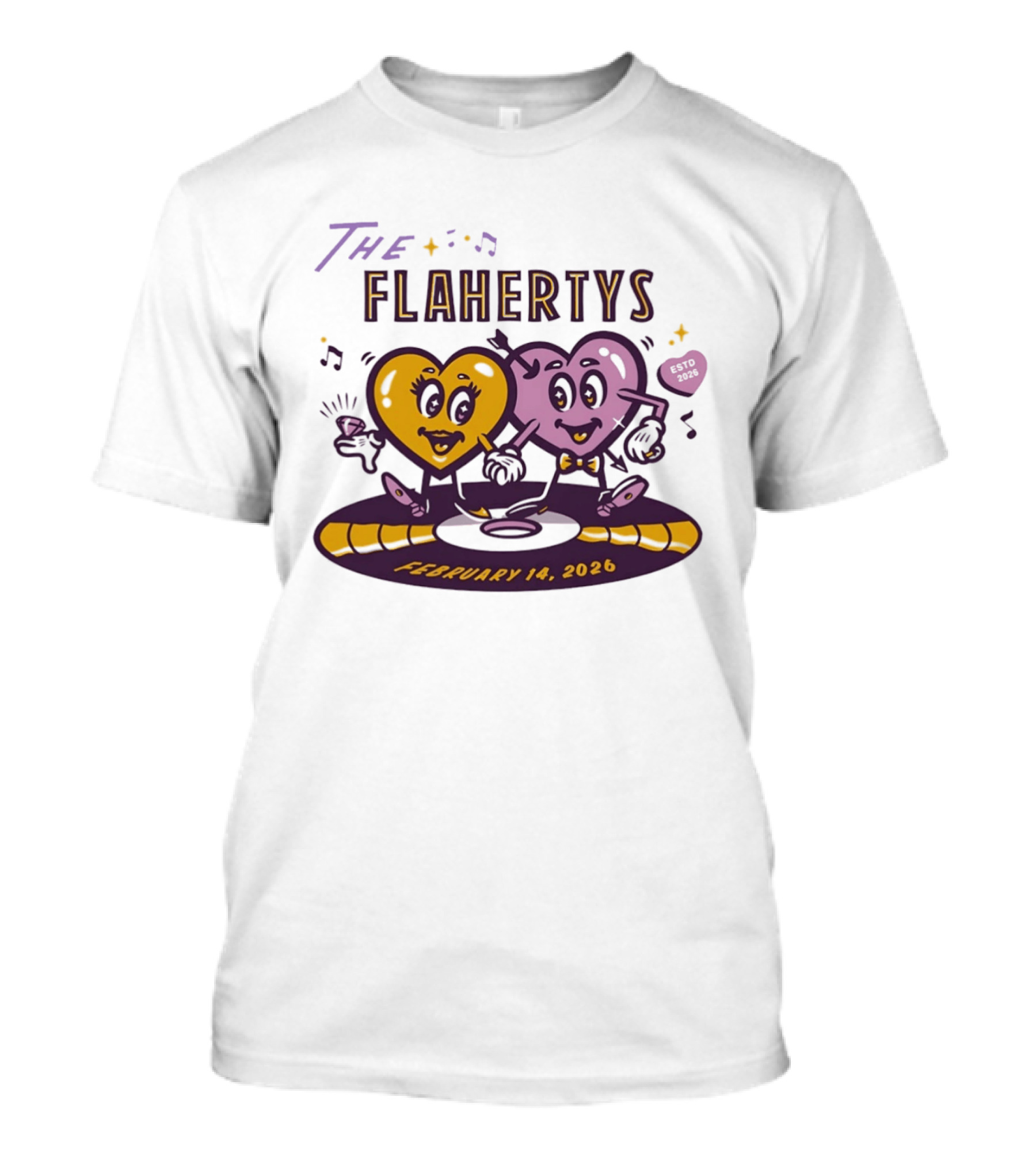 The Flahertys February 14 2026 Dancing Wedding Hearts With Music Notes T-Shirt