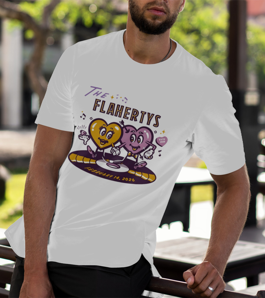 The Flahertys February 14 2026 Dancing Wedding Hearts With Music Notes T-Shirt