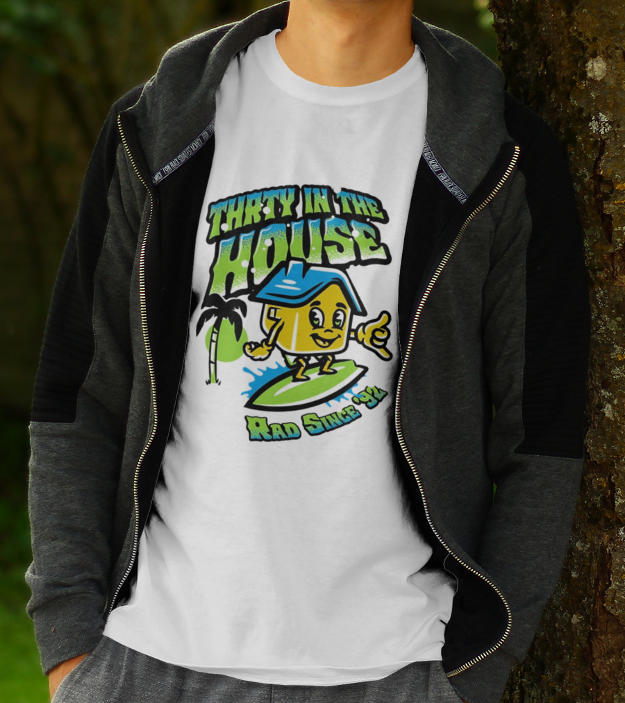 Thrty In The House Rad Since 92 Surfer Cartoon Palm Tree Vibes T-Shirt