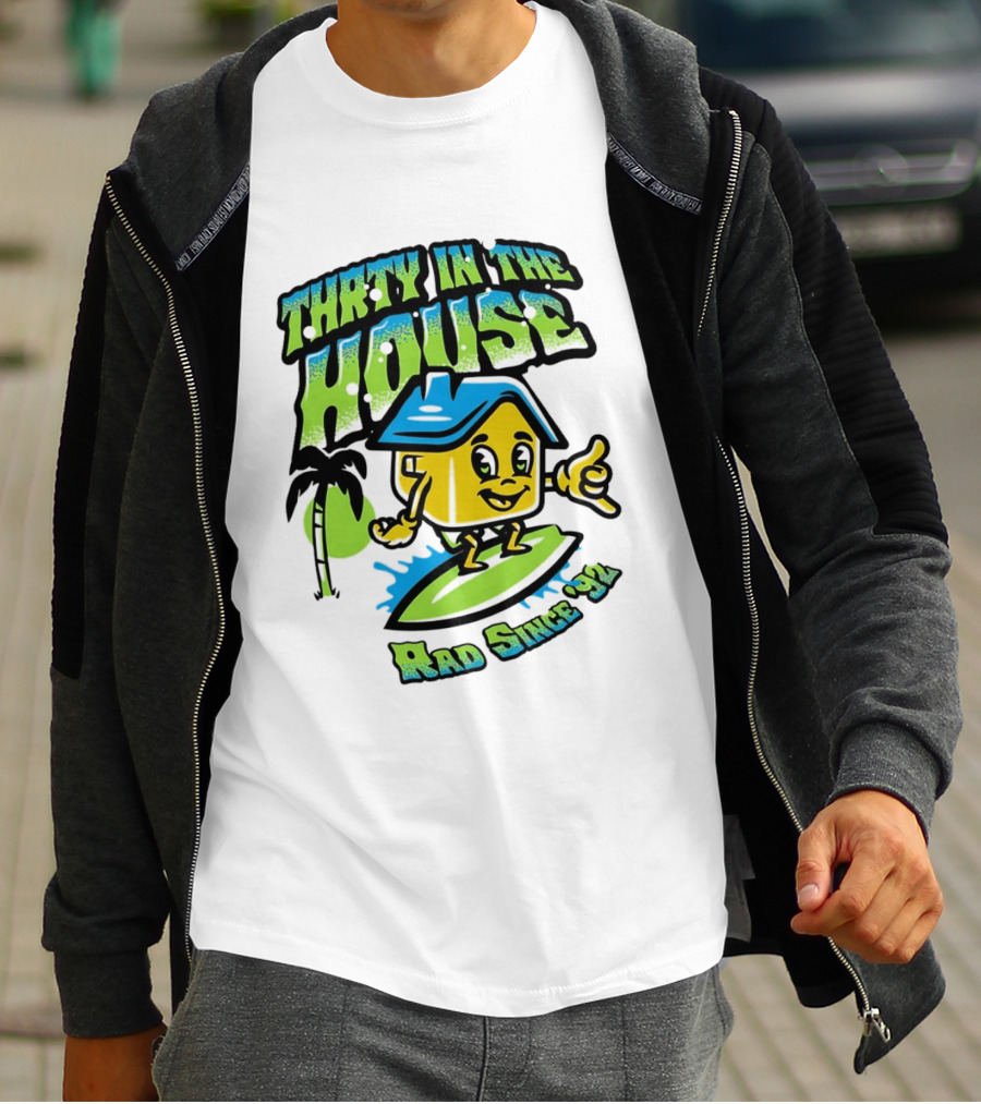 Thrty In The House Rad Since 92 Surfer Cartoon Palm Tree Vibes T-Shirt
