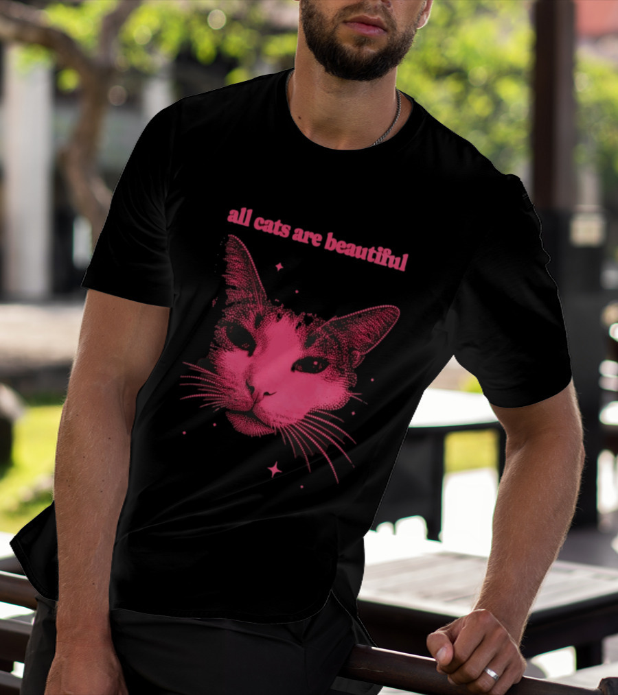 All Cats Are Beautiful Pink Halftone Cat Face With Stars T-Shirt