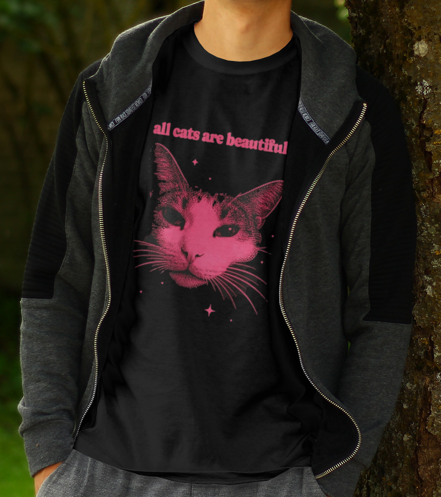 All Cats Are Beautiful Pink Halftone Cat Face With Stars T-Shirt