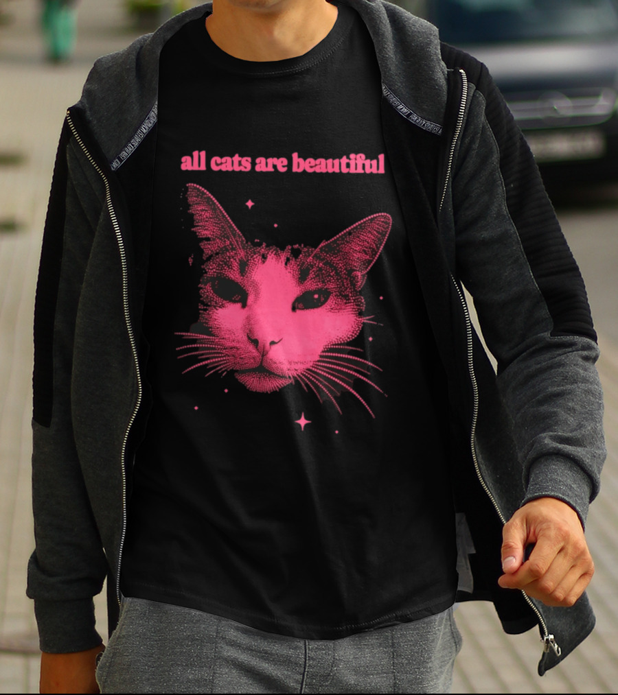 All Cats Are Beautiful Pink Halftone Cat Face With Stars T-Shirt