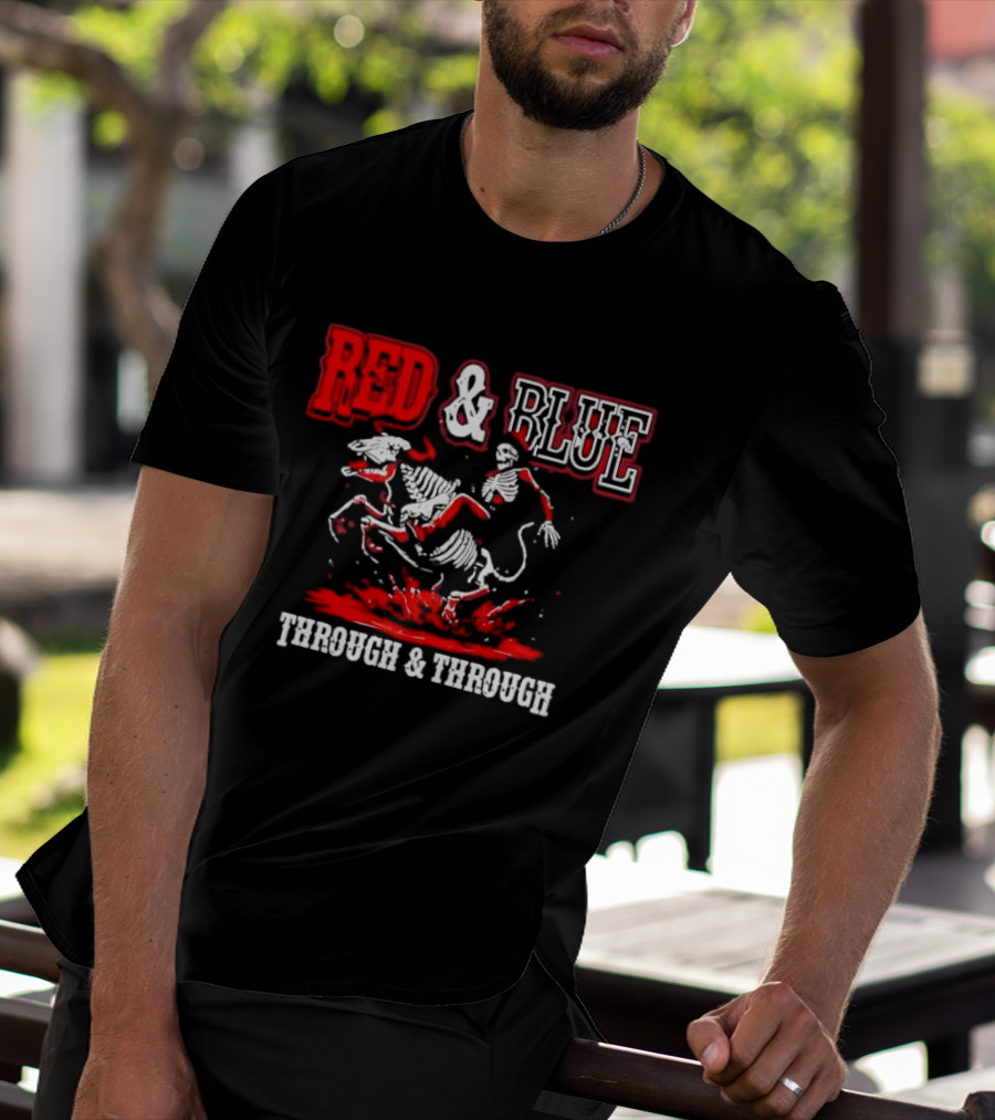 Red And Blue Through And Through Skeleton Cowboy Riding Horse T-Shirt