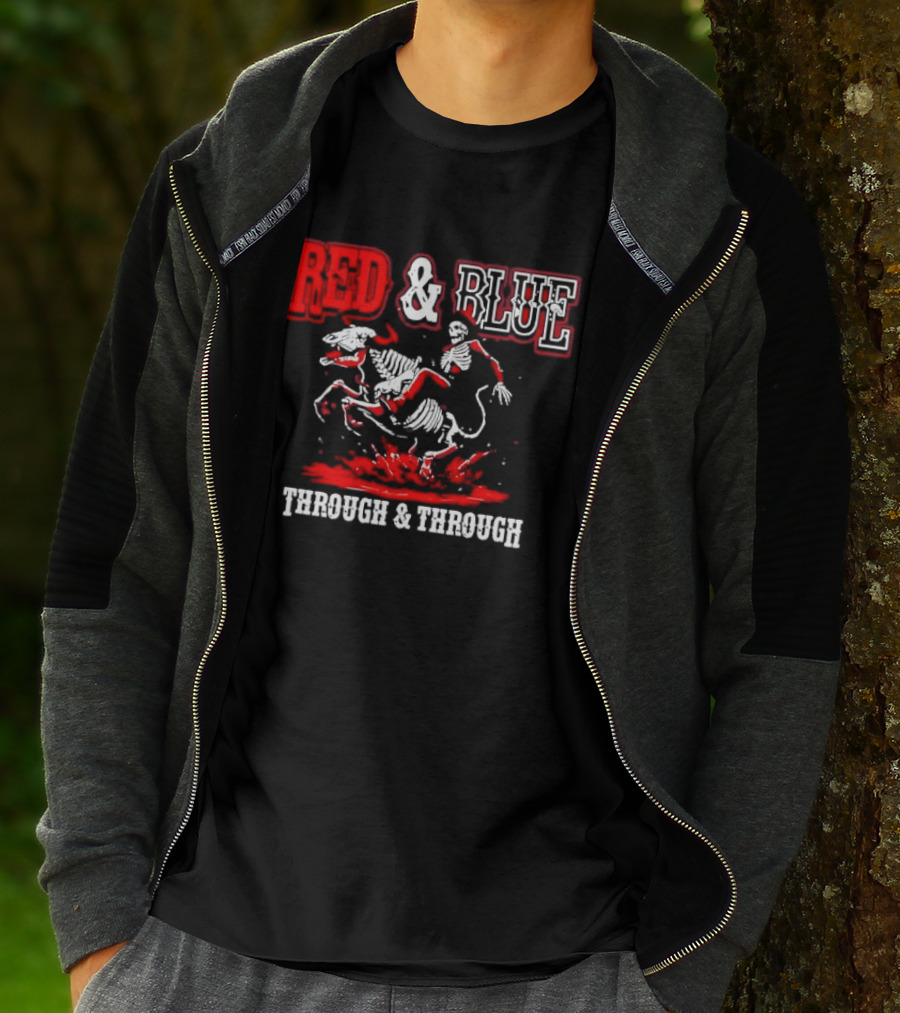 Red And Blue Through And Through Skeleton Cowboy Riding Horse T-Shirt