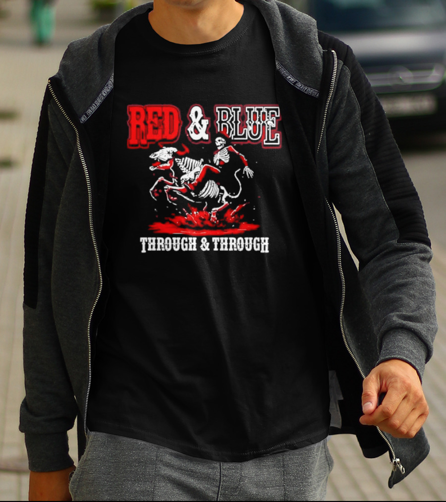Red And Blue Through And Through Skeleton Cowboy Riding Horse T-Shirt
