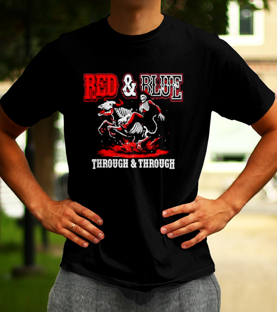 Red And Blue Through And Through Skeleton Cowboy Riding Horse T-Shirt